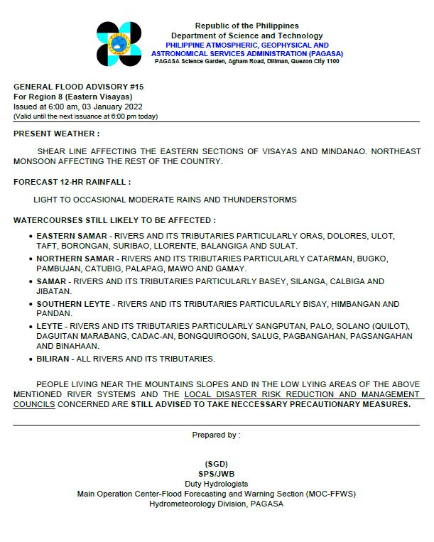 dost_pagasa's tweet photo. General Flood Advisories issued @6AM, 03 January 2022
Region 7 (Central Visayas) GFA #7Final
Region 8 (Eastern Visayas) GFA #15
Region 13(CARAGA) GFA #15 https://t.co/hFvg1VHQz5