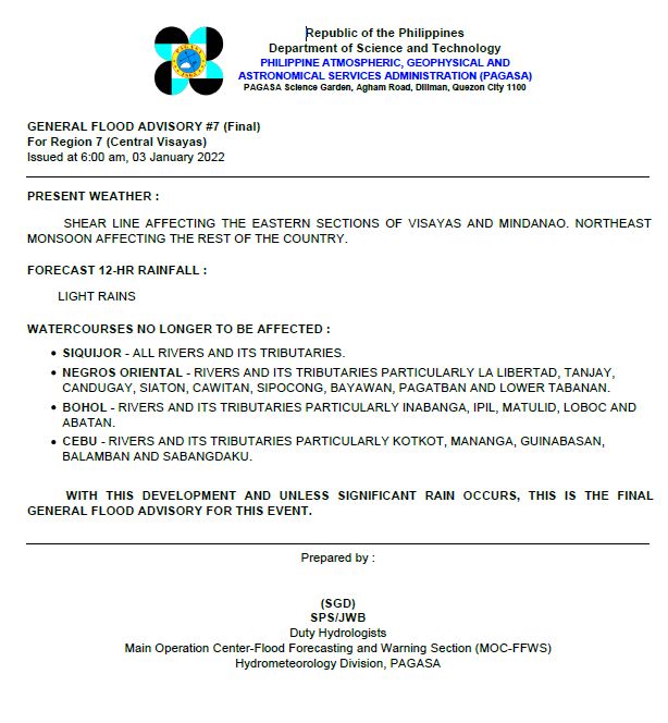 dost_pagasa's tweet photo. General Flood Advisories issued @6AM, 03 January 2022
Region 7 (Central Visayas) GFA #7Final
Region 8 (Eastern Visayas) GFA #15
Region 13(CARAGA) GFA #15 https://t.co/hFvg1VHQz5