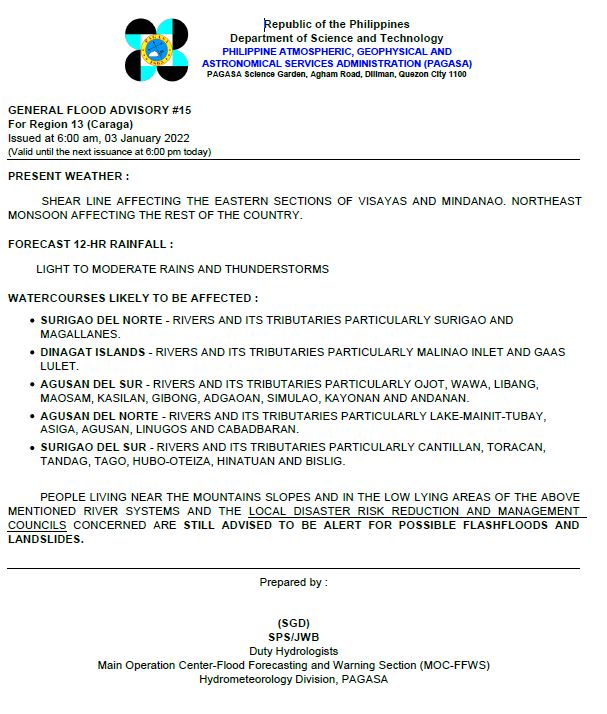 dost_pagasa's tweet photo. General Flood Advisories issued @6AM, 03 January 2022
Region 7 (Central Visayas) GFA #7Final
Region 8 (Eastern Visayas) GFA #15
Region 13(CARAGA) GFA #15 https://t.co/hFvg1VHQz5