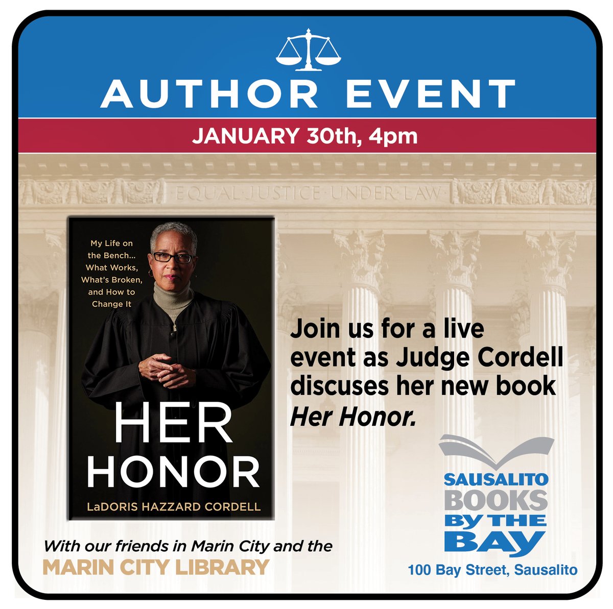 judgecordell's tweet photo. Her Honor book events continue, this time at Sausalito Books By The Bay where I will be speaking, IN-PERSON, on Sunday, Jan. 30, 2022. Join us! Buy the book, I'll sign it, and let's have a conversation about fixing our broken legal system. #HerHonorBook #SausalitoBooksByTheBay https://t.co/PH2lhaGh5s