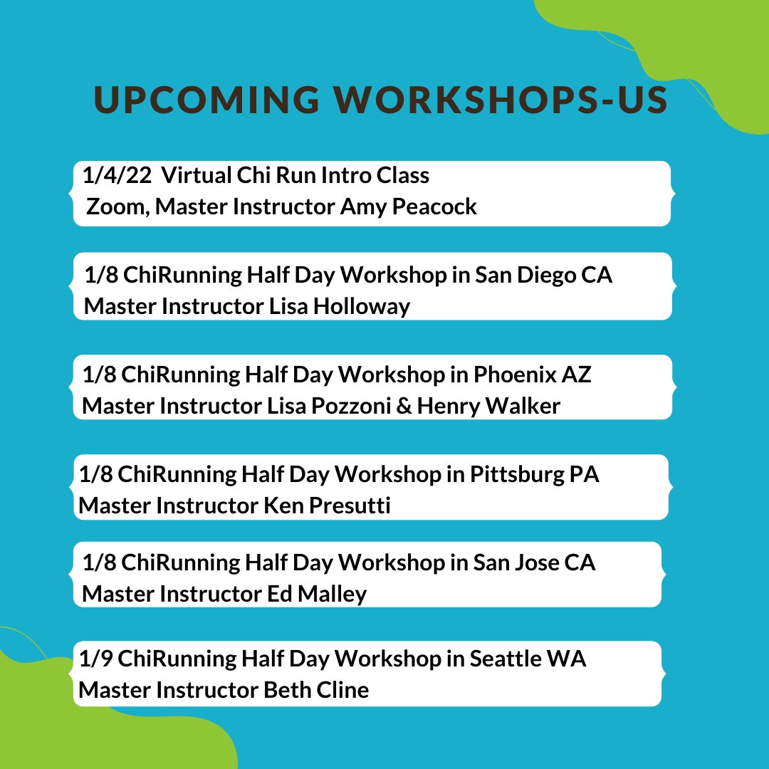 ChiRunning's tweet photo. Upcoming workshops! Learning in person is the best way to get immediate feedback on your #technique
#alllevelswelcome #runningtechnique #walkingtechnique #chirunning #chiwalking #alwayslearningalwaysgrowing #runningclass #runpainfree #runeasy https://t.co/N2k9dOfL0x