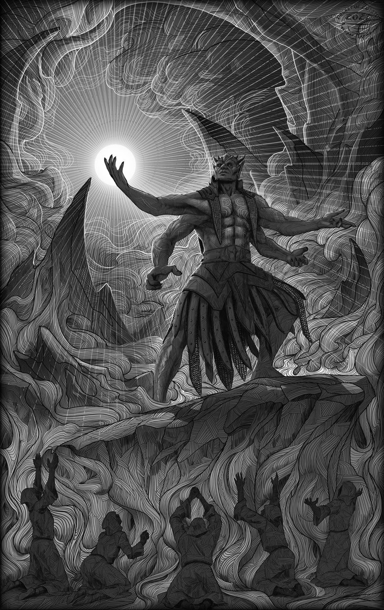stevefrenchvo's tweet photo. I’m not worthy to behold the power and glory of this epic #MehrunesDagon commission by @BasketPotatoes. Their winning #ESORocksOut piece reminded me of a religious lithograph, and I wanted something similar. I can’t believe the stunning result. Thank you! #ESOFam #ArtistOnTwitter https://t.co/sma5jTC2tb