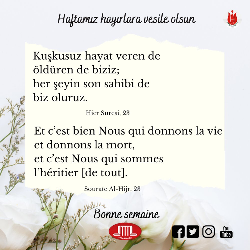 DitibStrasbourg's tweet photo. Haftamız hayırlara vesile olsun
Bonne semaine https://t.co/uIdE5cm1tJ
