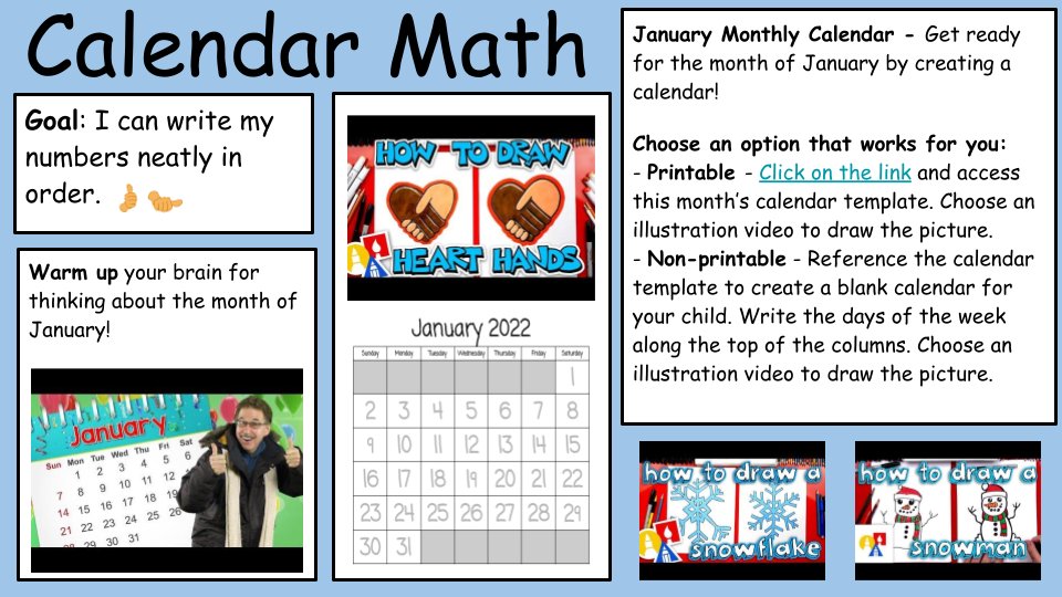 PintoBeanz11's tweet photo. It's January! Littles bring in the new month by creating a calendar & practice:
✍️number formation
👆counting the days
🖍️illustrating w/ @ArtforKidsHub
FREE Calendar slides/template: https://t.co/LvEpdgMaMq
#InnovatingPlay #MathChat #gafe4littles #kinderchat #firstchat #ecechat https://t.co/d85pjoX1gQ