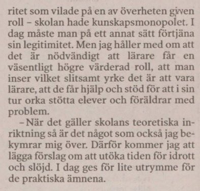Progressiva flumidéer (ingen katederundervisning, inga läxor/klassrum, lärare som ”coacher” etc) har tagit sig in på lärarutb, i läroplaner och på många skolor (både friskolor och kommunala).

Hur? Skolminister <a href="/YlvaJohansson/">Ylva Johansson</a>, 17 augusti 1997, om sin idealskola: