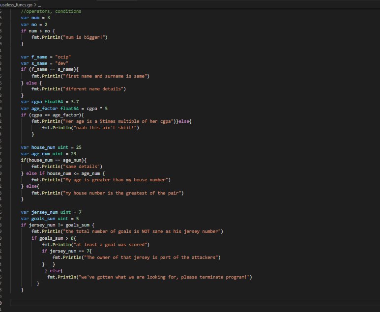 ico_dev's tweet photo. #day2 of #100daysofcode Still #golang
Couldn't go hard enough ππ; thought I'd be writing functions by now..
anyways, today i got to work with conditional statements & operators .
Tomorrow is another day to be a #worldclassdev.. https://t.co/tr7qSyNsBN