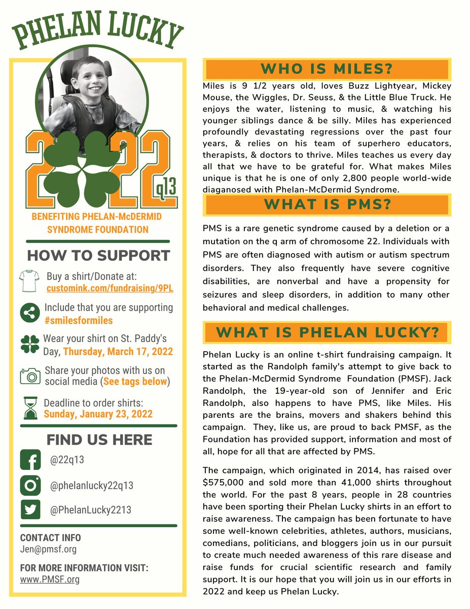 drchriscip's tweet photo. Are you #PhelanLucky?! We are for our warrior Miles #smilesformiles and all those impacted by #PhelanMcDermidSyndrome
Pick up #yournewfavoriteshirt for our 2022 awareness campaign!   https://t.co/j9fYy32qQA 
Learn more at https://t.co/8GqAinEbOY
Thank you!! #careaboutrare https://t.co/v5pkJrPZ7E
