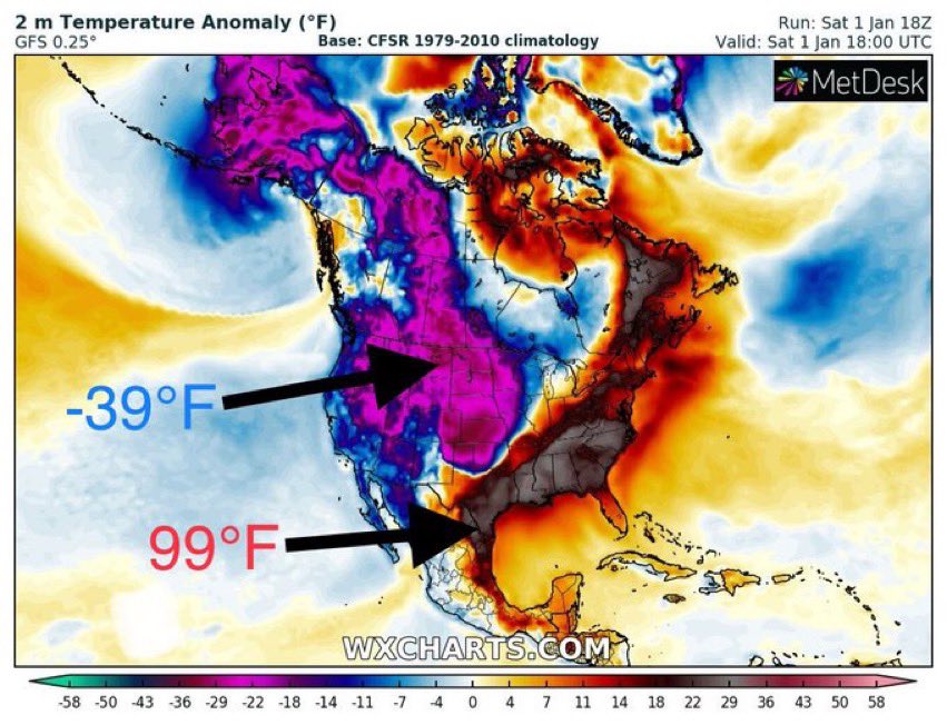 stefano_B88's tweet photo. Il primo gennaio, mentre l’Europa ribolliva, negli Stati Uniti registravano in Montana -39.4 °C, in Texas +37.2 °C. Una differenza di 76.6 °C a distanza di un migliaio di chilometri. #CrisisClimatica https://t.co/VvYl7eTaib