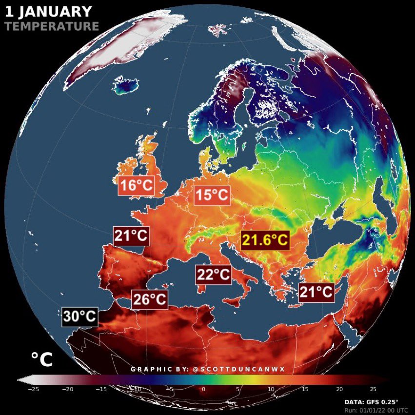 Il primo gennaio, mentre l’Europa ribolliva, negli Stati Uniti registravano in Montana -39.4 °C, in Texas +37.2 °C. Una differenza di 76.6 °C a distanza di un migliaio di chilometri. #CrisisClimatica
