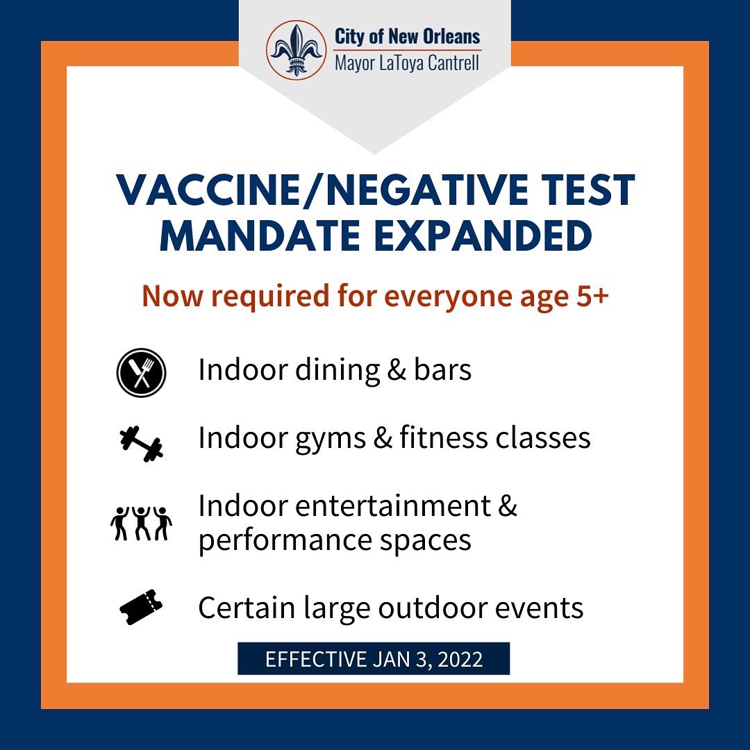 nolaready's tweet photo. Starting Mon, Jan. 3 at 6 AM, @cityofnola’s COVID mandate will require everyone ages 5+ to show proof of 1 vaccine dose or negative test result taken with 72 hrs. Test must visibly show person’s name, date of the test, &amp; results. For more info, visit https://t.co/a6hSmwm28V https://t.co/2CqfkBXC9w
