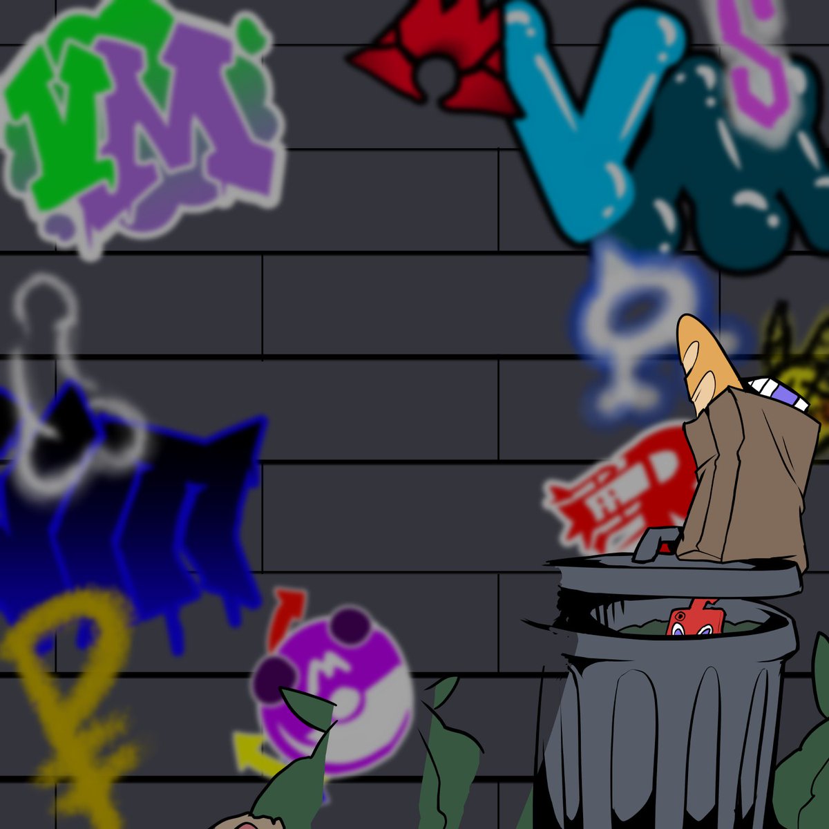 very_mediocre's tweet photo. @VeryMeatyOgre wip pictures

the last picture is the background image i used. i had a bit of fun with the graffiti, writing "vm" in a few different styles. 

also, anyone notice the rotom camera and the trubbish in the final drawing? its much easier to see without the characters https://t.co/i5ZUEKydWz
