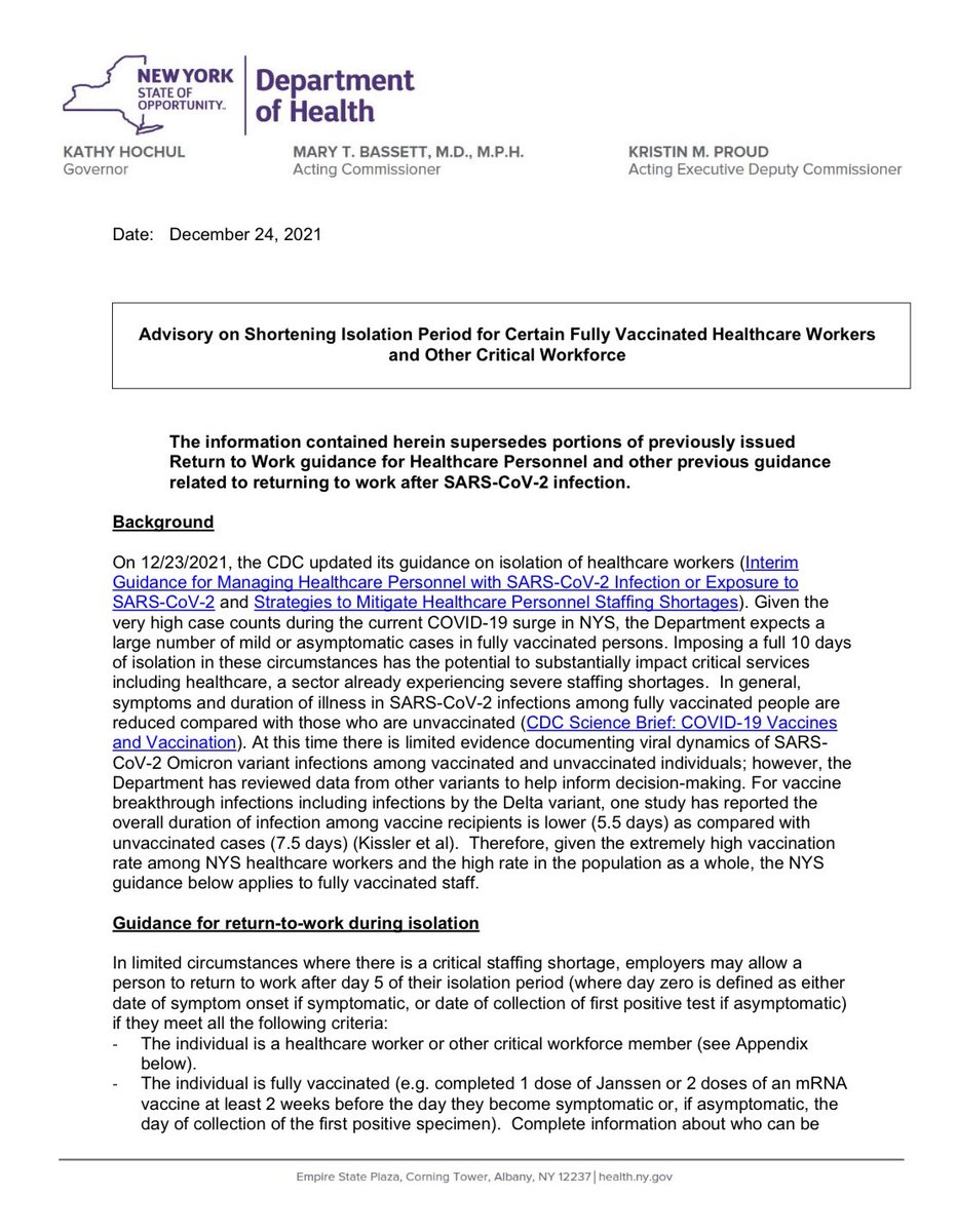 DrMikeMendoza's tweet photo. K-12 educators/staff are eligible to return to work on day 5 of isolation if they meet all the following criteria in the @HealthNYGov Guidelines from 12/24/21. https://t.co/iuWq20OTp6 https://t.co/3TALp7ezik
