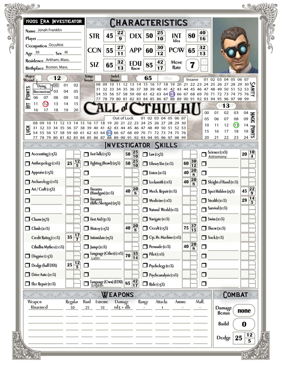 UndeadDomain's tweet photo. Day 2 of #CharacterCreationChallenge
System: #CallofCthulhuRPG
Name: Jonah Franklin
Occupation: Occultist
Bio: An Occultist from Arkham, Jonah wants to bring what is in the shadows, to the light, and maybe learn some dark magic too.
#ttrpg @HeroForgeMinis
#rpg #herolab #CoC https://t.co/IC9doWCX7H
