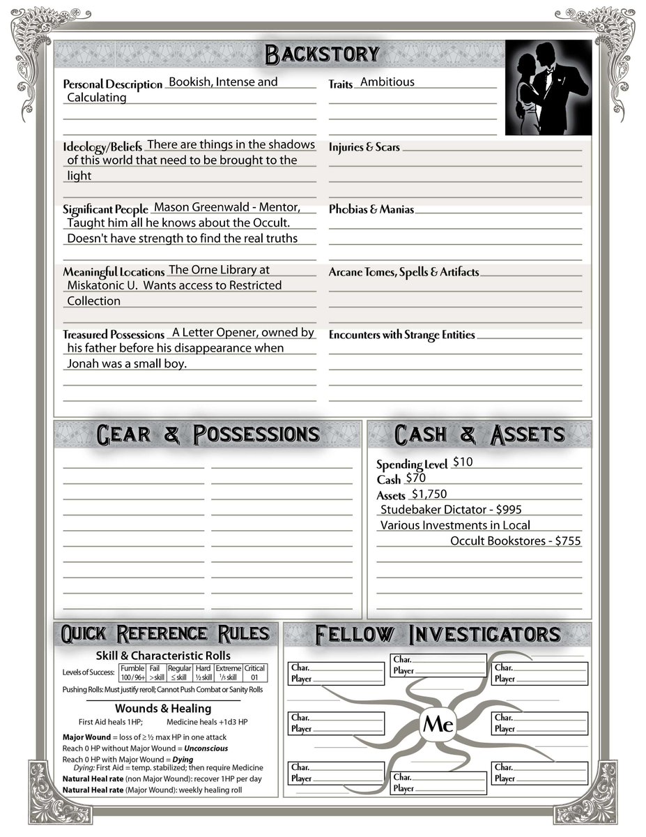 UndeadDomain's tweet photo. Day 2 of #CharacterCreationChallenge
System: #CallofCthulhuRPG
Name: Jonah Franklin
Occupation: Occultist
Bio: An Occultist from Arkham, Jonah wants to bring what is in the shadows, to the light, and maybe learn some dark magic too.
#ttrpg @HeroForgeMinis
#rpg #herolab #CoC https://t.co/IC9doWCX7H