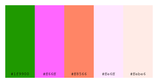 ColPaletteBot's tweet photo. Beep beep, here's a pretty color palette for you! 

color-scheme.js parameters used: 
- hue: 165
- variation: hard
- colors: #1f9900, #ff66ff, #ff8566, #ffe6ff, #ffebe6

Have a lovely evening!

#twitterbot #colorpalette #colors #palette #prettycolors https://t.co/BjjVvyNIZF