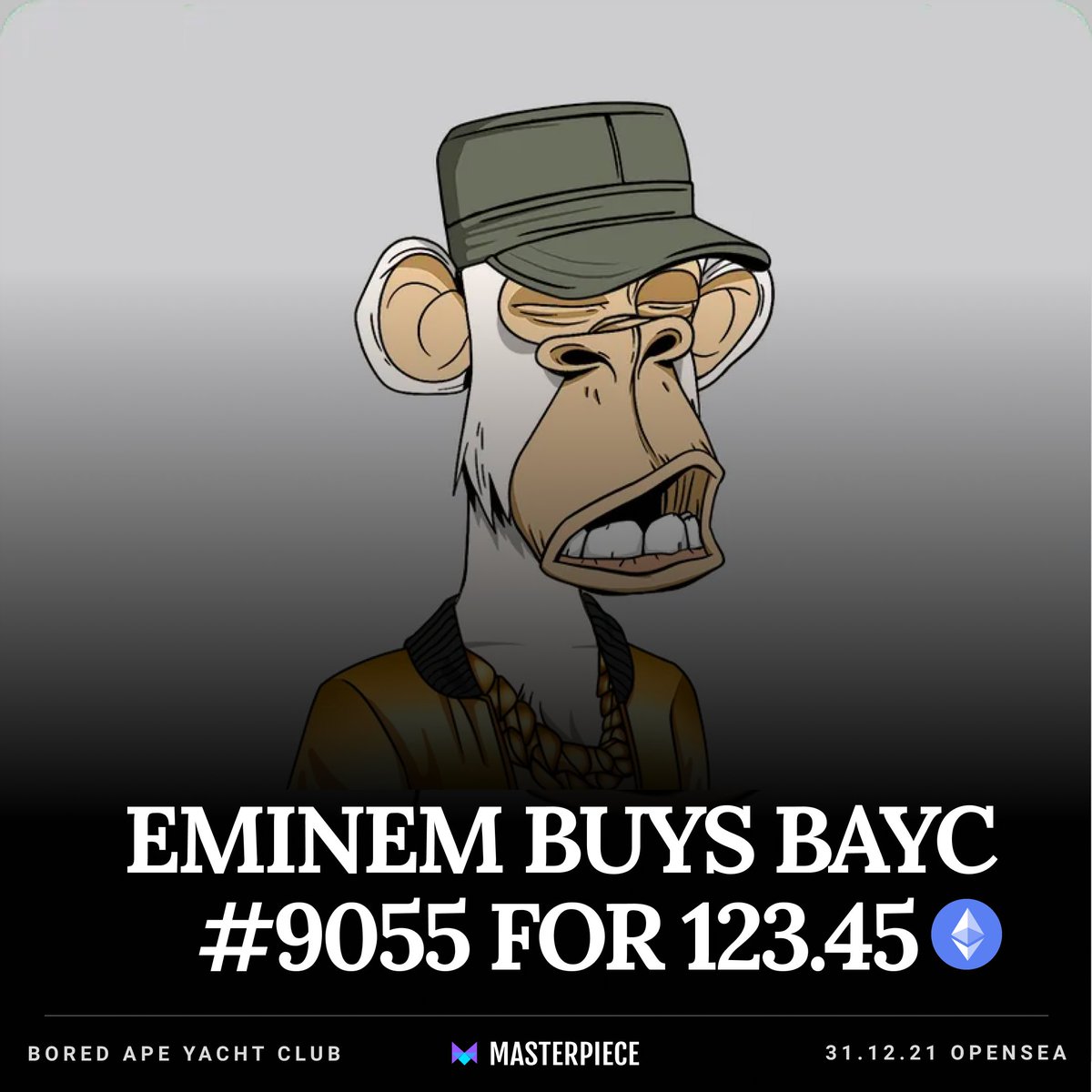 UseMasterpiece's tweet photo. Rapper Eminem joins the Bored Ape Yacht Club

He bought #BAYC 9055 for 123.45 $ETH (or $458K)

All details of the sale can be found on Masterpiece here: https://t.co/r54TdsFK8n https://t.co/nvr5aTxfc6