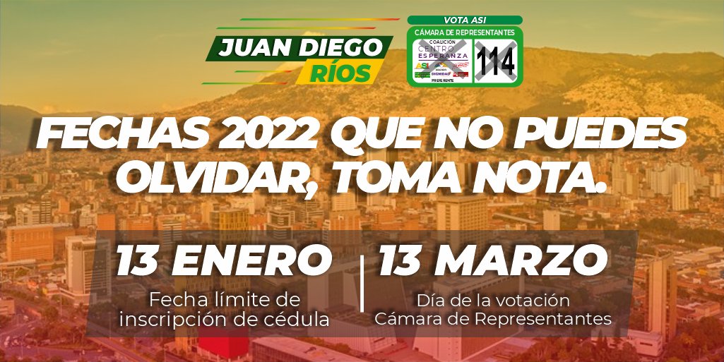 juandrioscamara's tweet photo. ¡Ojo! Vamos todos a votar este 13 de marzo al Congreso. Recuerden estas fechas importantes y elijamos a conciencia por una renovación de la política. 
Jóvenes, mujeres, emprendedores, comunidades Afro, LGTBIQ+, artistas, motorizados; todos como ciudadanos elijamos bien. https://t.co/Gc5I50tpcu