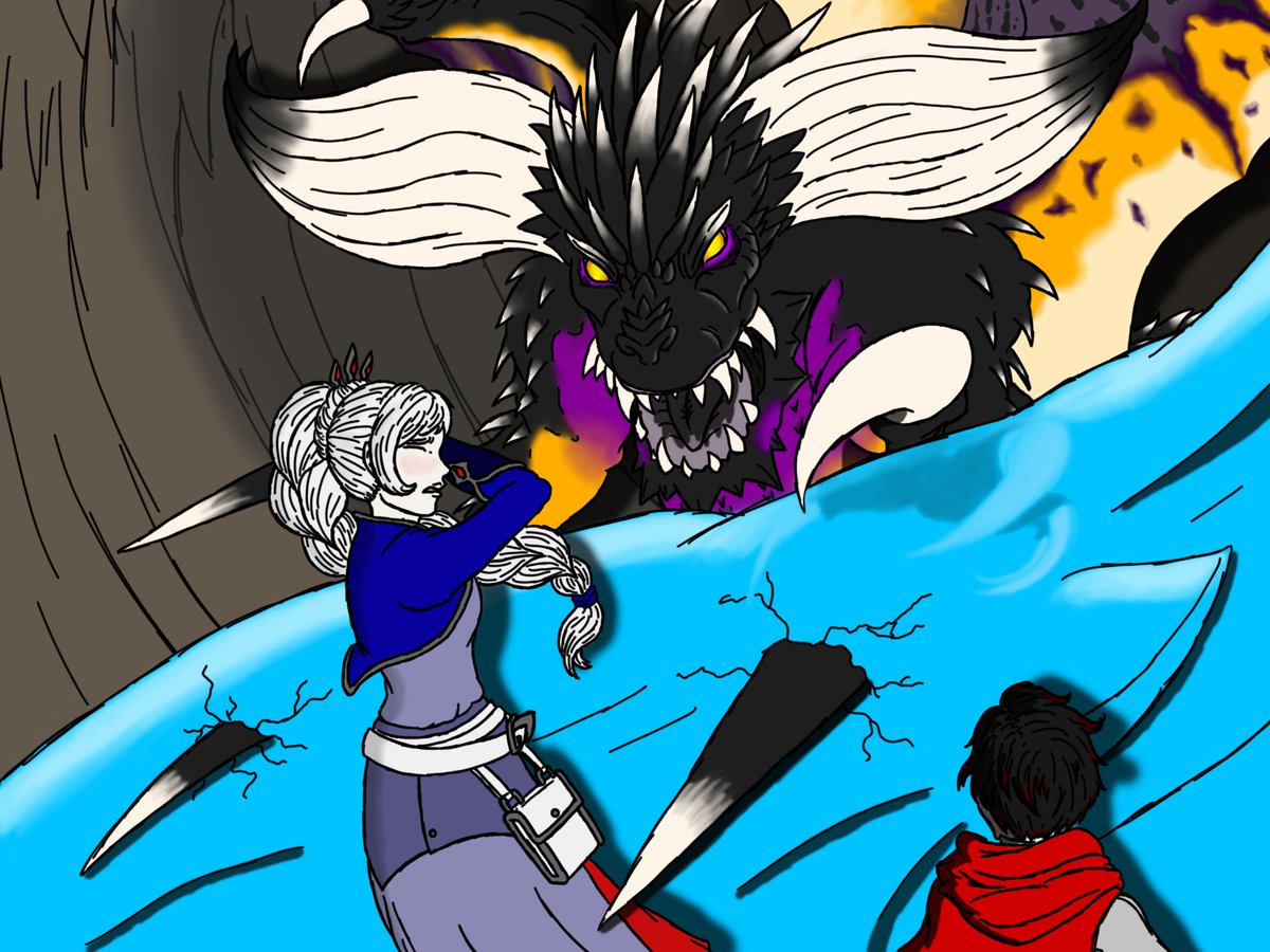 Just finished this the other day. Fanart of Ruby and Weiss from RWBY  fighting the Nergigante from Monster Hunter XD