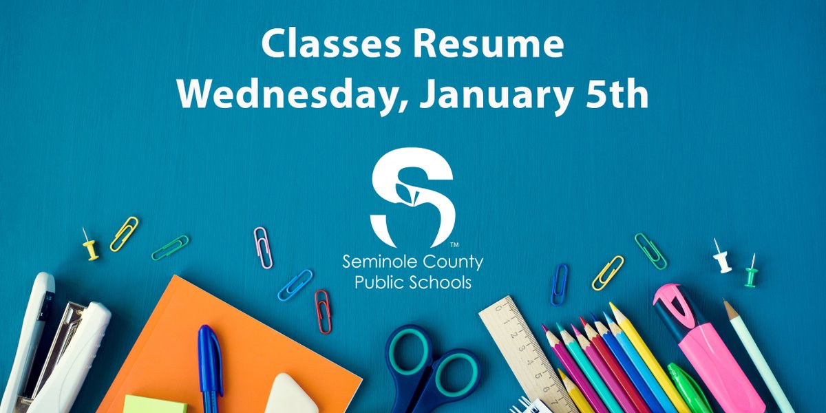 Friendly reminder to all our SCPS families...Classes resume on Wednesday, January 5th!