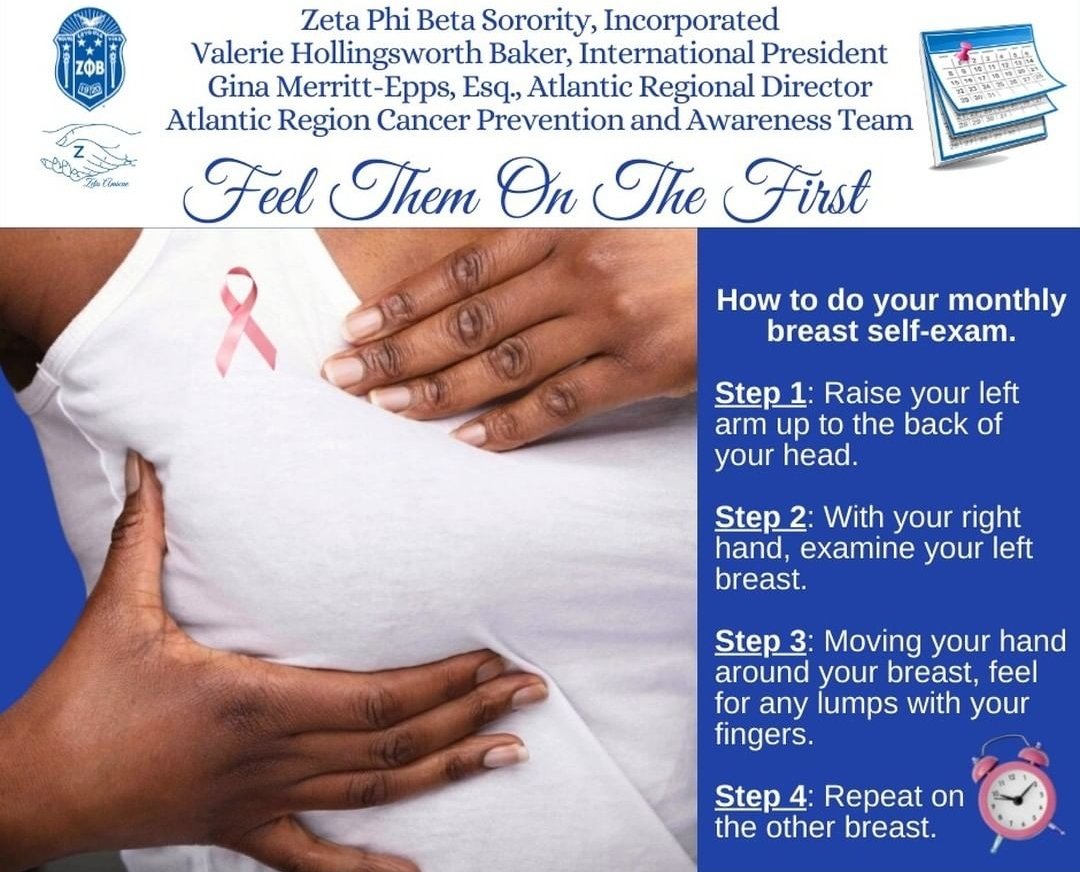 Early detection saves lives! 1 in 8 women will be diagnosed with Breast Cancer in their lifetime.  Be sure to talk to your health care provider about screenings, mammograms and risk factors. 
#ZetaPhiBeta #BreastCancerAwareness #MAFeelThemOnTheFirst #FeelThemOnTheFirst #ZPhiB