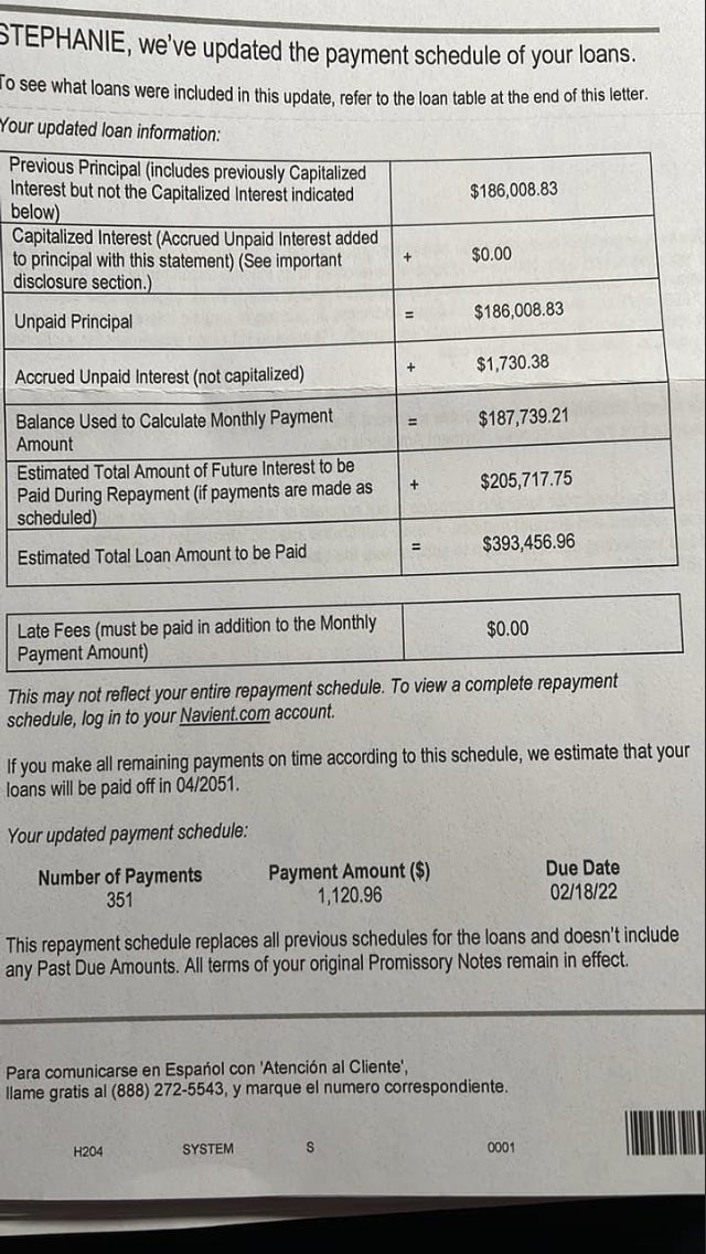 4slj_'s tweet photo. Here’s a group member who Navient has paying until she’s 85 yrs old. 0ver $1K /mon another 30 yrs.She’s in the CBD (cancellation by death) club. Absolutely criminal !! Sickening our government allows this…is part of it @StudentLoanJus1 @StrikeDebt @RepAOC @SenWarren @SenSchumer https://t.co/5RbOIWWJuQ