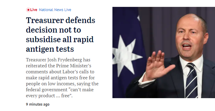 MichaelPascoe01's tweet photo. Frydenberg summarised: Sure, blow $40 billion on JobKeeper, no clawback, free money for businesses - but stuff people on low incomes needing RATs. https://t.co/GsPyRwBnQs