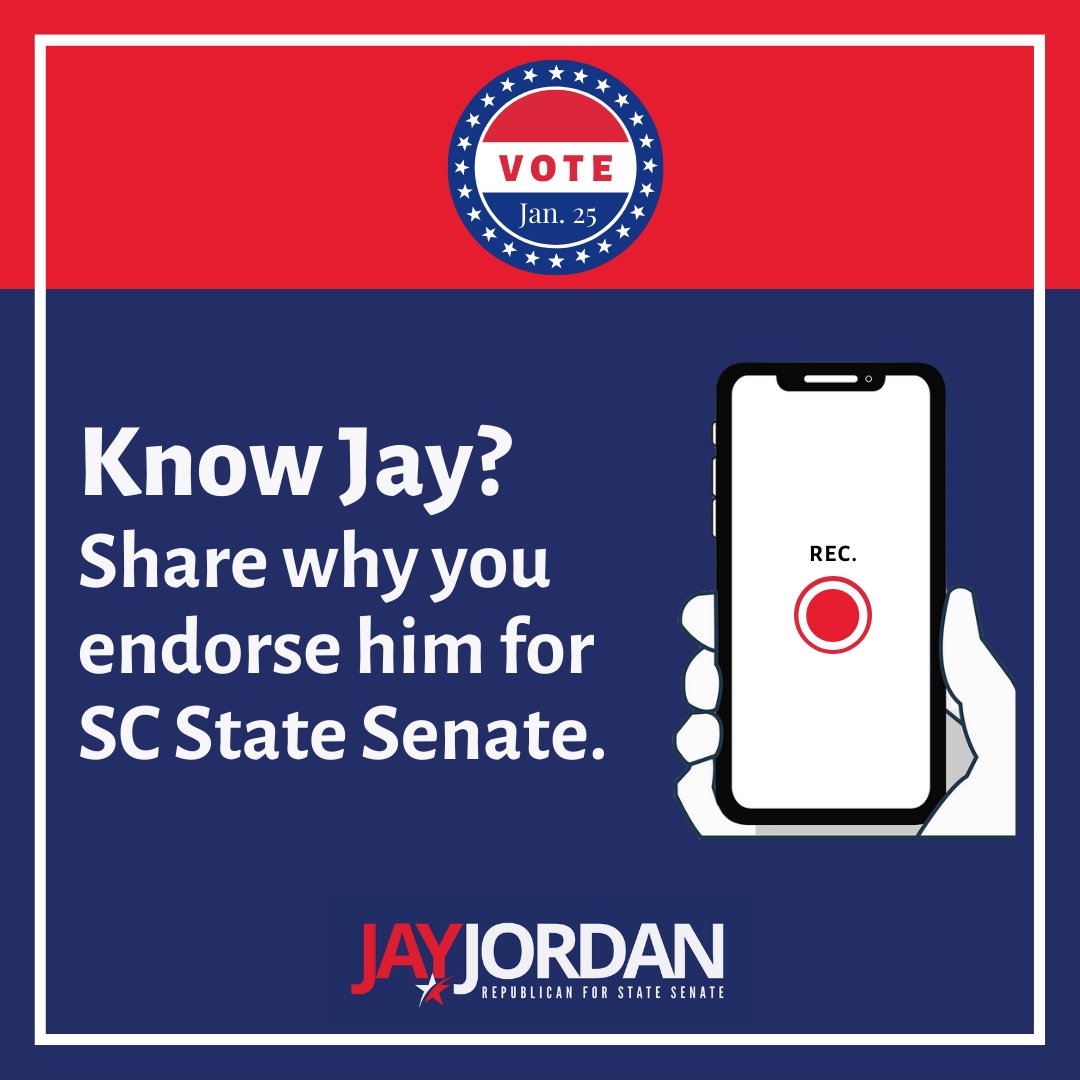 I'm grateful to those of you who've asked for ways to support my campaign as we approach the Republican Primary on January 25th. In addition to displaying yard signs, I welcome and appreciate short video endorsements through my website here: 

jordanforsouthcarolina.com/endorse