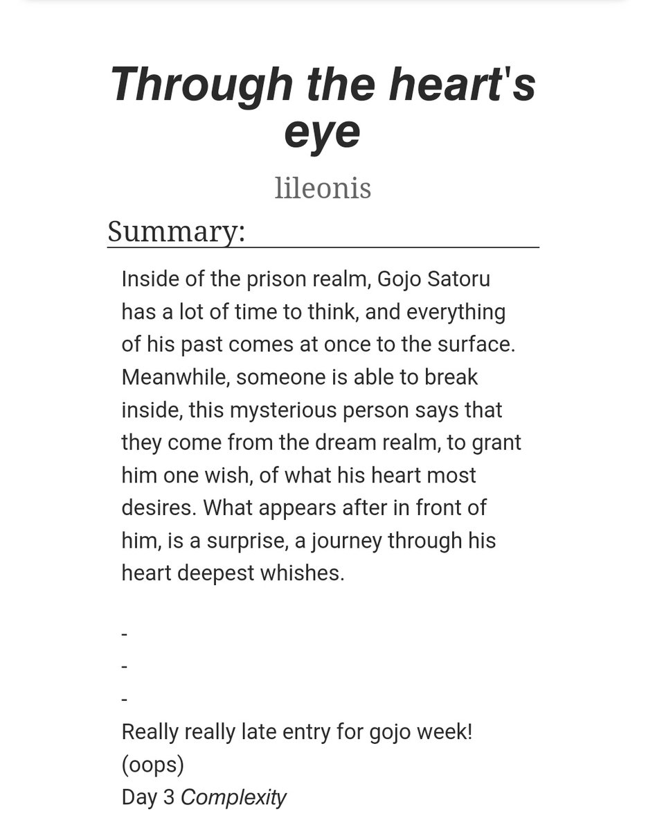 lileonis's tweet photo. -Through the heart's eye-
oneshot
6k words
https://t.co/P9aRIWYL7c
Let me know if you read it and like it <3
Rally late entry for day 3 Complexity of #gojoweek2021 (oopsie)
#satosugu #stsg #JujutsuKaisen
#jjk #GojoSatoru #GetoSuguru #ao3 #justmehurtingmyselflmao
more tags⬇️ https://t.co/OjNsxQHOAv