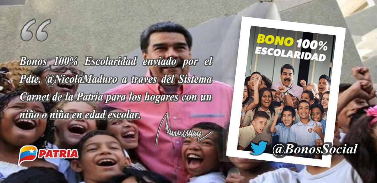 #Enterate: En el día de ayer #1Ene del 2022 se inicio la entrega del Bono 100% #Escolaridad (enero 2022) a través del Sistema <a href="/CarnetDLaPatria/">Carnet de la patria</a> enviado por nuestro Pdte. <a href="/NicolasMaduro/">Nicolás Maduro</a>.

#LaCovidNoEsJuego
<a href="/BonosSocial/">Bonos Protectores Social Al Pueblo</a> <a href="/Mippcivzla/">mippci</a> <a href="/VTVcanal8/">VTV CANAL 8</a> #2Ene