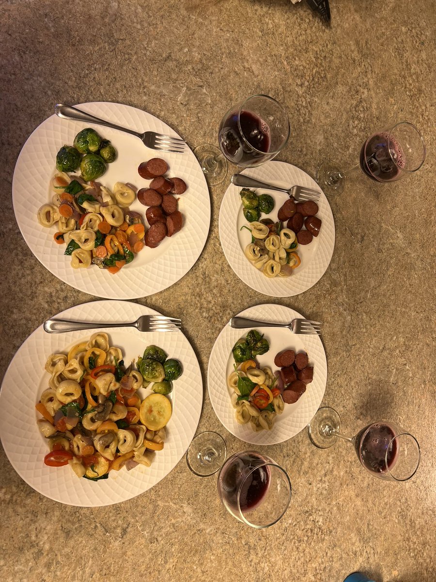 Jimspieks's tweet photo. Broke in my new big cast iron pan! Supper for my wife and kids (I didn’t make enough to for me so I had fish). Fried tortellini, sausage, brussel sprouts, with sparkling grape juice. My wife and kids always eat before me #twittersupperclub #castiron #colorfulmeals #freshveggies https://t.co/TLHS4FkGF6