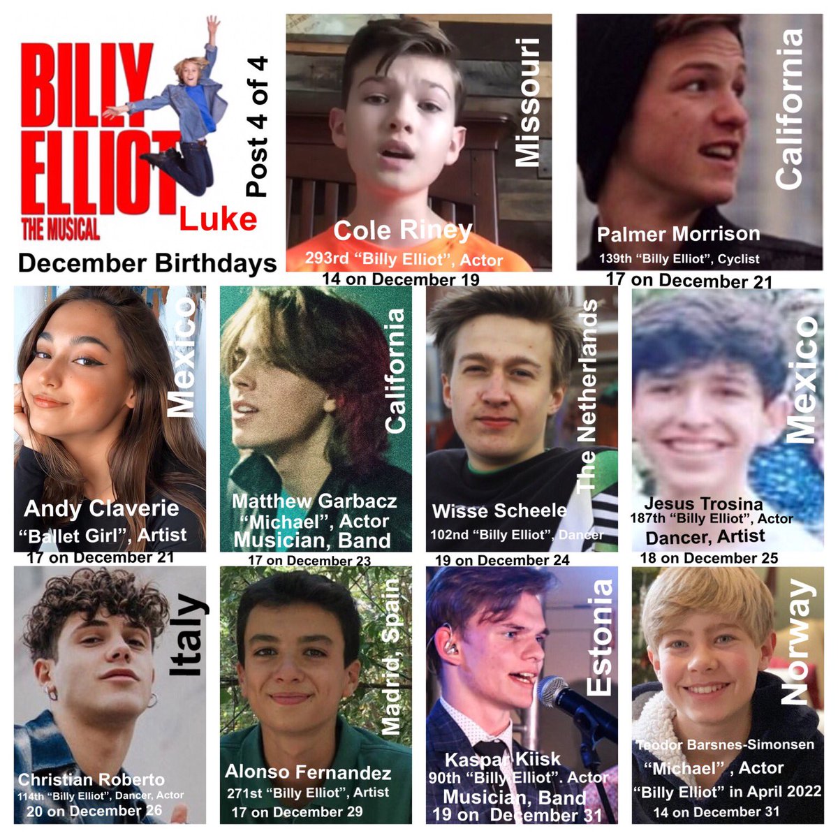 RoyEtten's tweet photo. ⁦@BillyElliotUK⁩  ⁦@BillyElliot_es⁩  #BillyElliot #billyelliotbcn   Happy December Birthdays to at least 21 “Billy Elliots”, 7 “Michaels”, 1 “Debbie”,  4 “Ballet Girls”, 2 “Small Boys”, 2 “Tall Boys”, 1 “Tony”, 1 Dancer. (Post 4 of 4). Stay Healthy, Stay Safe 🙏🙏❤️ https://t.co/RsCnlLe2XR