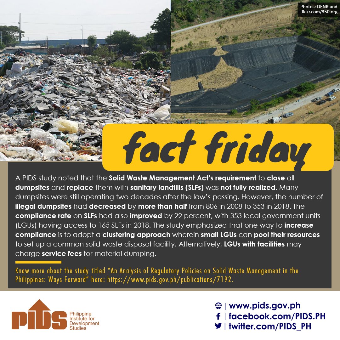 pidsgovph's tweet photo. Hello, PIDS friends! Here's our #PIDSFactFriday for the week on the state of solid waste management in the Philippines.
Know more about the study here: https://t.co/WlkGI0i0fJ.
@DENROfficial @CCCPHL @DILGPhilippines https://t.co/sefE21aNAF
