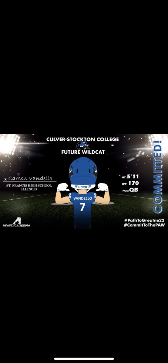 CVandello's tweet photo. Blessed to announce I have committed to Culver-Stockton College to continue my academic and football career. Thank you to everyone that has helped me get to this point! 
@CoachSallayCSC  @CoachCutshaw 
@CSCwildcatsFB @SFHSFBWheaton @CoachGriff_IFF @CoachMac44 @TopGunQB @qbwon https://t.co/LC2pGjWrDR