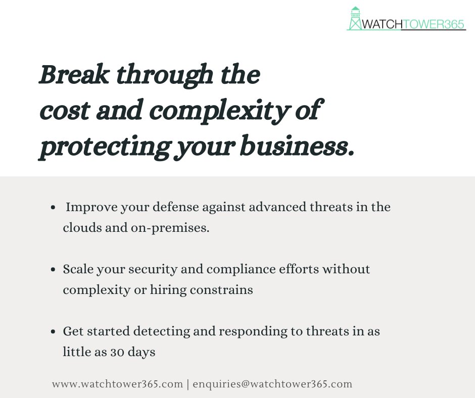 WatchTower365's tweet image. WatchTower365 takes a holistic approach to secure digital &amp;amp; business transformation in the cloud, helping to make it faster and safer to innovate.
For more info, email us at enquiries@watchtower365.com / watchtower365.com
#watchtower365 #socservices #socinabox #cyberservice