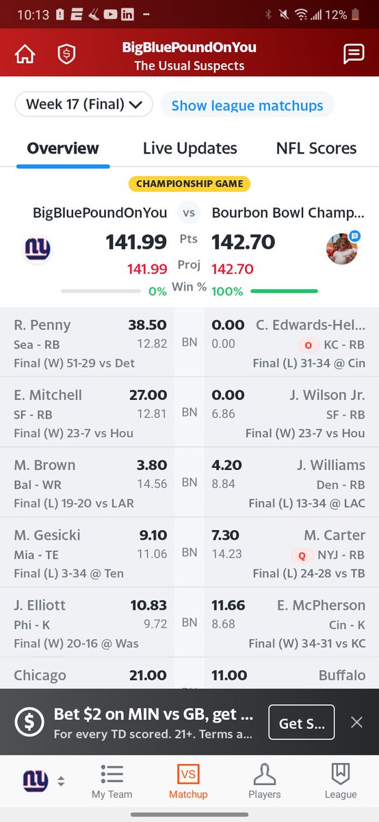 FinancialPotion's tweet photo. @FantasyPros My bench was amazing :( started Stafford, Allen, Lockett, Montgomery, Eckler, Andrews, Renfrow, Folk &amp; San Fran... https://t.co/XQju5BbX9X