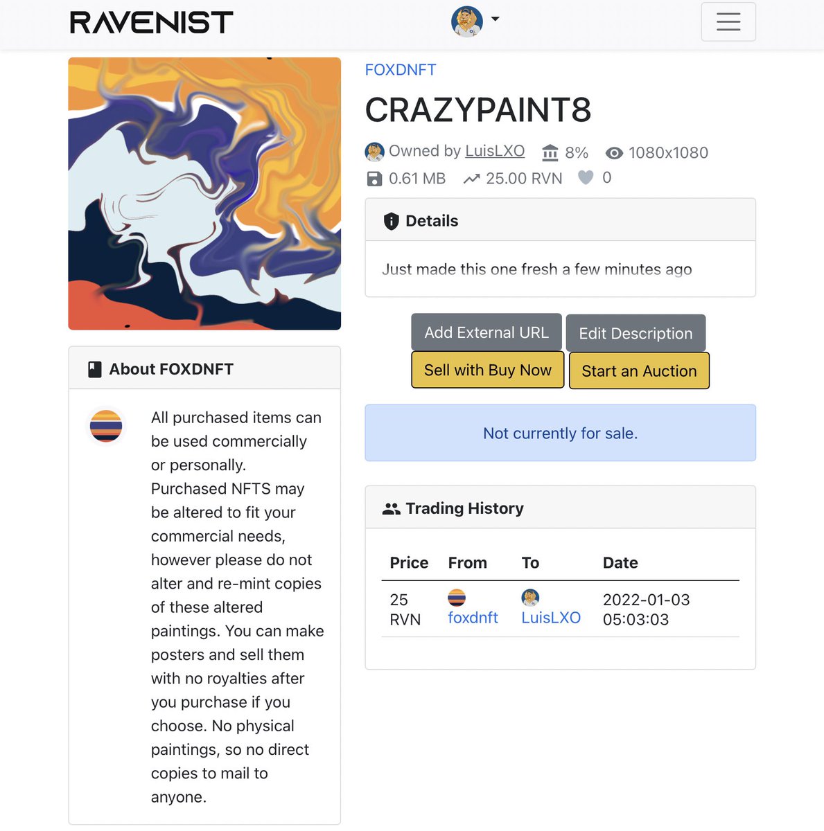 LXO_NFTs's tweet photo. My first @Ravenistcom #NFT purchase
Very Low Gas fees and growing #NFTs ecosystem
#CRAZYPAINT8 by #foxdnft @foxdcoin
Now also Supporting the #ravenist #nft ecosystem https://t.co/bHMdGzpyOJ