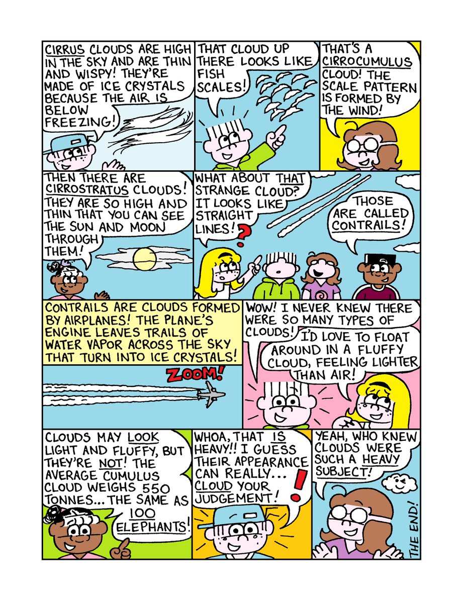 Lollipop_Comics's tweet photo. Lollipop and friends learn all about #clouds in this week's Wednesday Comic of the Week! ☁️ #adventuresoflollipop #kids #kidlit #kidscomics #indiecomics #webcomicwednesday #weather #weatherforkids #STEM #STEMforkids https://t.co/fubLHeLx9Q