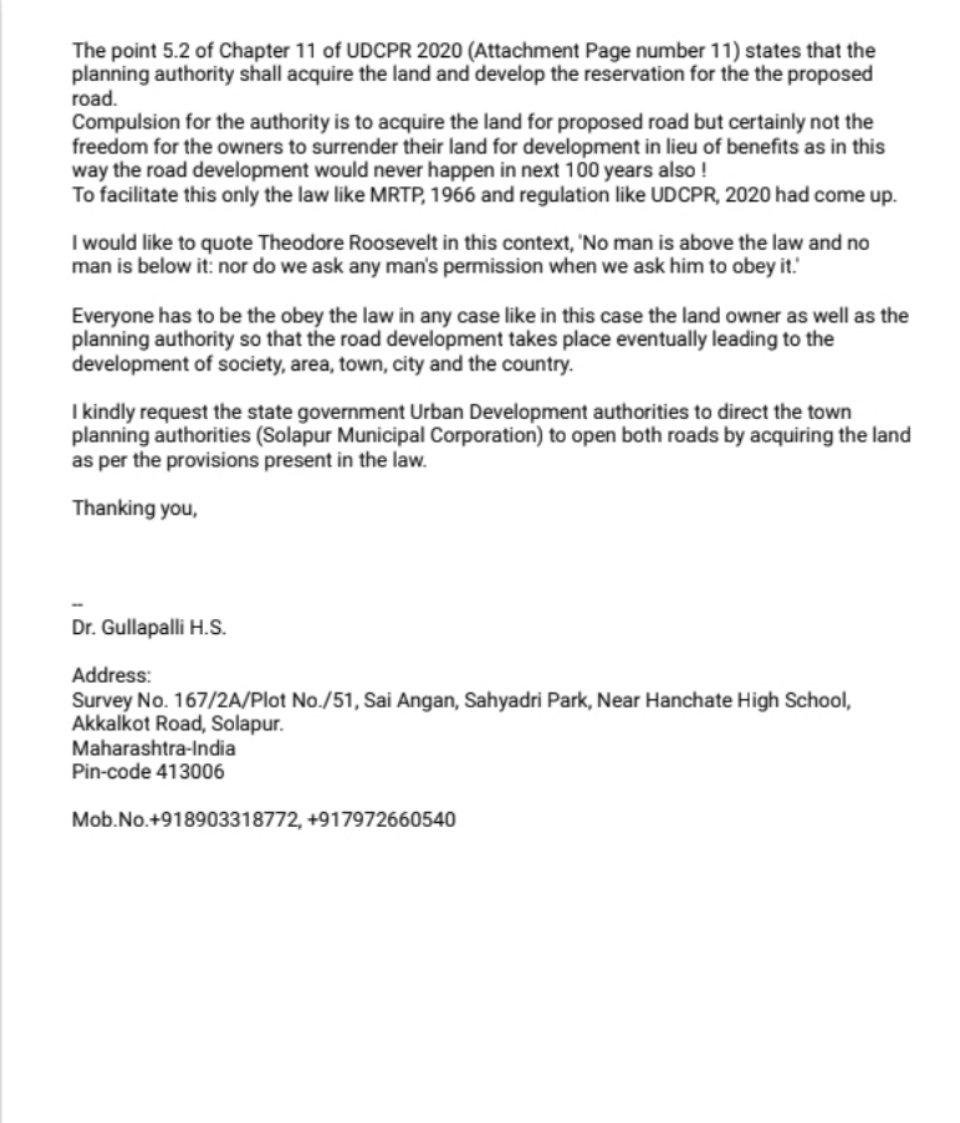 GP4IND's tweet photo. I sent an email to open 30m wide DP road by clearing encroachments and 9m wide 700m long road connecting huge area by acquiring 450sq.m. of land but @smcsolapur &amp; Mr. Satish Moghe are in denial mode. I req Honorable @OfficeofUT and @CMOMaharashtra have urgent look in this matter. https://t.co/FB6jgVXpKr