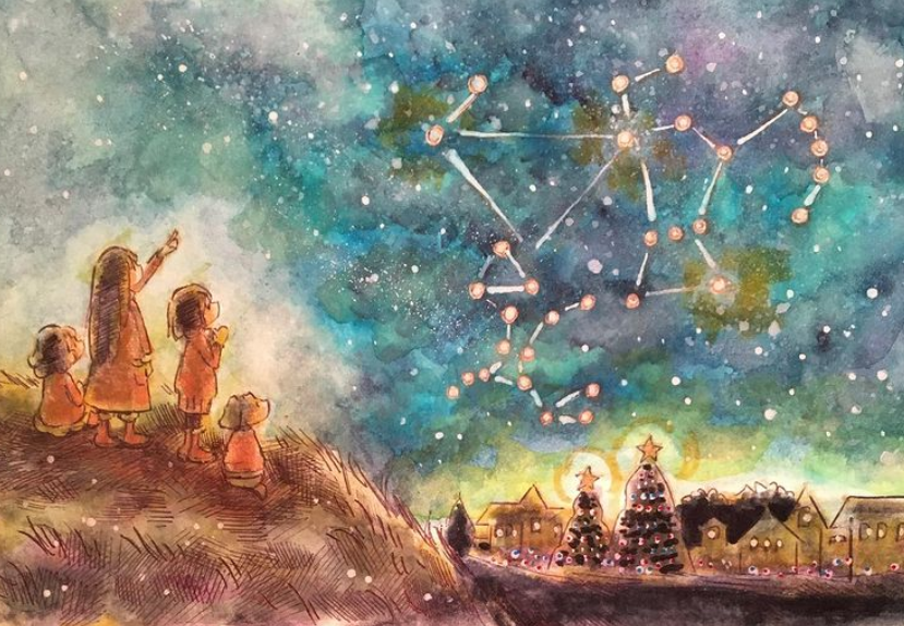 Toastiewiththe's tweet photo. Not my #art Late posting these - sorry 😍😍😍
 IG mypicturebookcafe #winterconstellations I got screwed up with the first attempt 😭#illustration #illustrator #canadawestillustrators #3sisters #children #stars #wintersky #orion #nightsky https://t.co/M0tbd8Cfqp