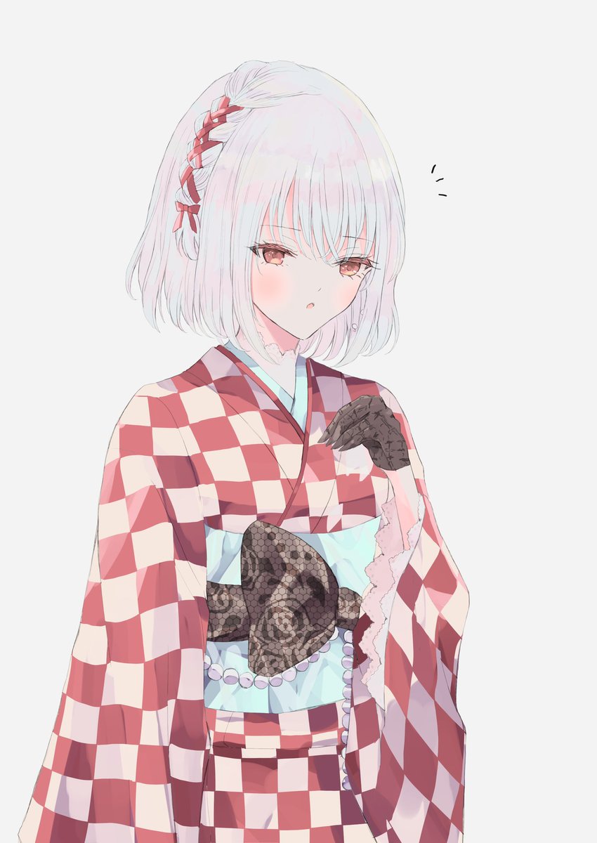 1girl solo japanese clothes kimono gloves checkered clothes black gloves  illustration images