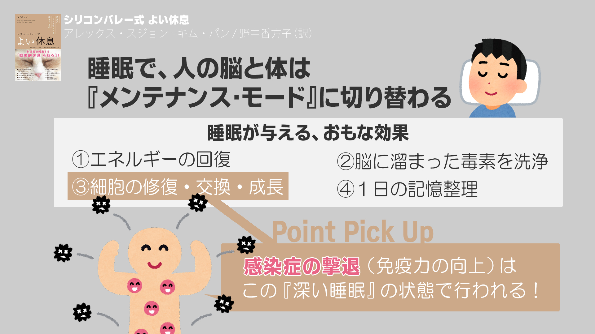青木隆夫 Studio五組 アレックス スジョン キム パン 翻訳 野中香方子 さんの著書 シリコンバレー式 よい休息 を読んで学んだ たった一つのポイントを画像コメントでまとめました 睡眠の重要性と昼寝 仮眠 の効果をまとめました 個人的に