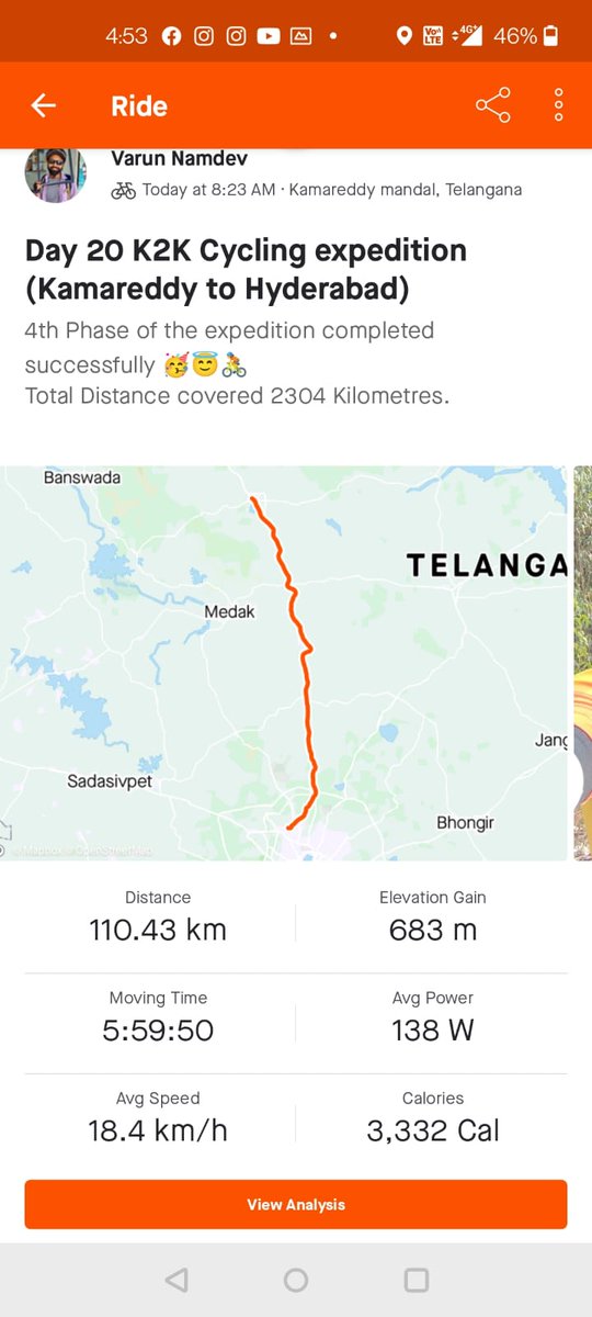 eSocialEngineer's tweet photo. Reached Hyderabad yesterday. Completion of the Phase4 of #Kashmir to #kanyakumari cycling Expedition 🚴 
1300kms more to go ! 
#Pedal4MentalHealth  
#ShaandaarHyderabad
#bhopali #cyclist #Monday
@bhopal_bscdcl
@airnews_bhopal 
@TeamPahal @HappinessANSH  @amannamra @girisheditor https://t.co/zKiNJ2IeDx
