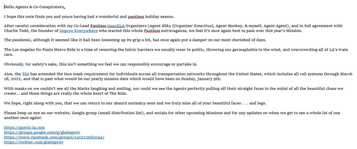 glaimprov's tweet photo. No Pants Metro Ride 2022 - Los Angeles is CANCELLED.  See this message from the organizers. https://t.co/XLDlogf9R9
