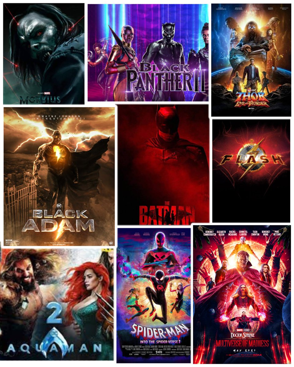ThePresdock's tweet photo. La cartelera geek de este 2022 #TheFlash #TheBatman #Morbius #Aquaman #DoctorStrangeInTheMultiverseOfMadness #BlackAdam #ThorLoveAndThunder #SpidermanintotheSpiderVerse https://t.co/GBTcG7sy5U