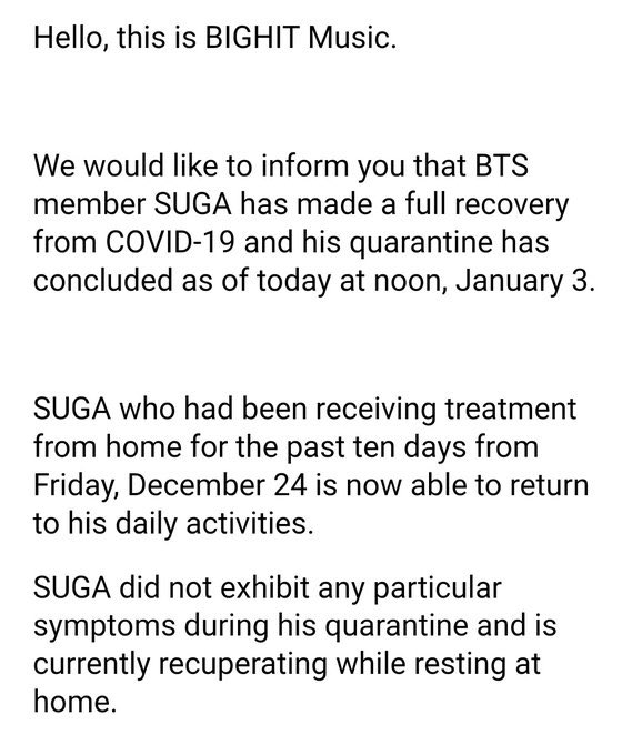 Qg_Barmys's tweet photo. 🔮 [🚨] Comunicado da Bighit Music |  Recuperação total de SUGA do COVID-19

 "Gostaríamos de informar que SUGA, membro do BTS, recuperou-se totalmente do COVID-19 e sua quarentena foi concluída hoje ao meio-dia, 3 de janeiro ..."

@BTS_twt #SUGA #BTS https://t.co/wuS1IcfhSx
