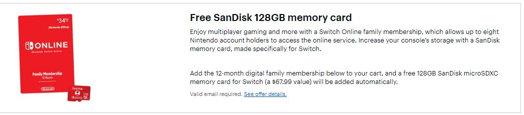 Wario64's tweet image. Free SanDisk 128GB memory card with purchase of Switch Online Membership 12-months at Best Buy bit.ly/31korSt #ad