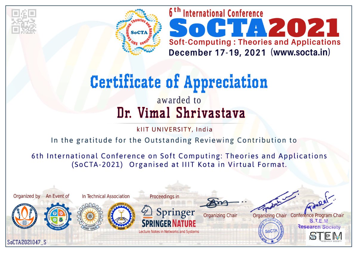 DrVimalShri's tweet photo. Received certificate of appreciation for being a Session Chair and Reviewer in SoCTA-2021 conference organized at IIIT Kota.☺
#kiituniversity #kiitsoee #kiitsoeetc #conference https://t.co/FOR6lLZe0g