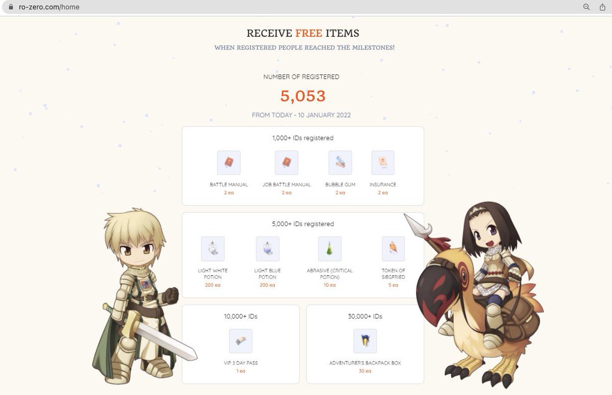 ZeroNFTGame's tweet photo. Congratulations!!🎊 We've reached 5K registered and you guys will get :
🎁Light White Potion x200
🎁Light Blue Potion x200
🎁Abrasive (Critical Potion) x10
🎁Token of Siegfried x5
.
Haven't register? click here https://t.co/sLJBKLLkDM
.
#RoZero #ROzeroNFT #NFT #Ragnarok #gamefi https://t.co/cG4Cpnm69p