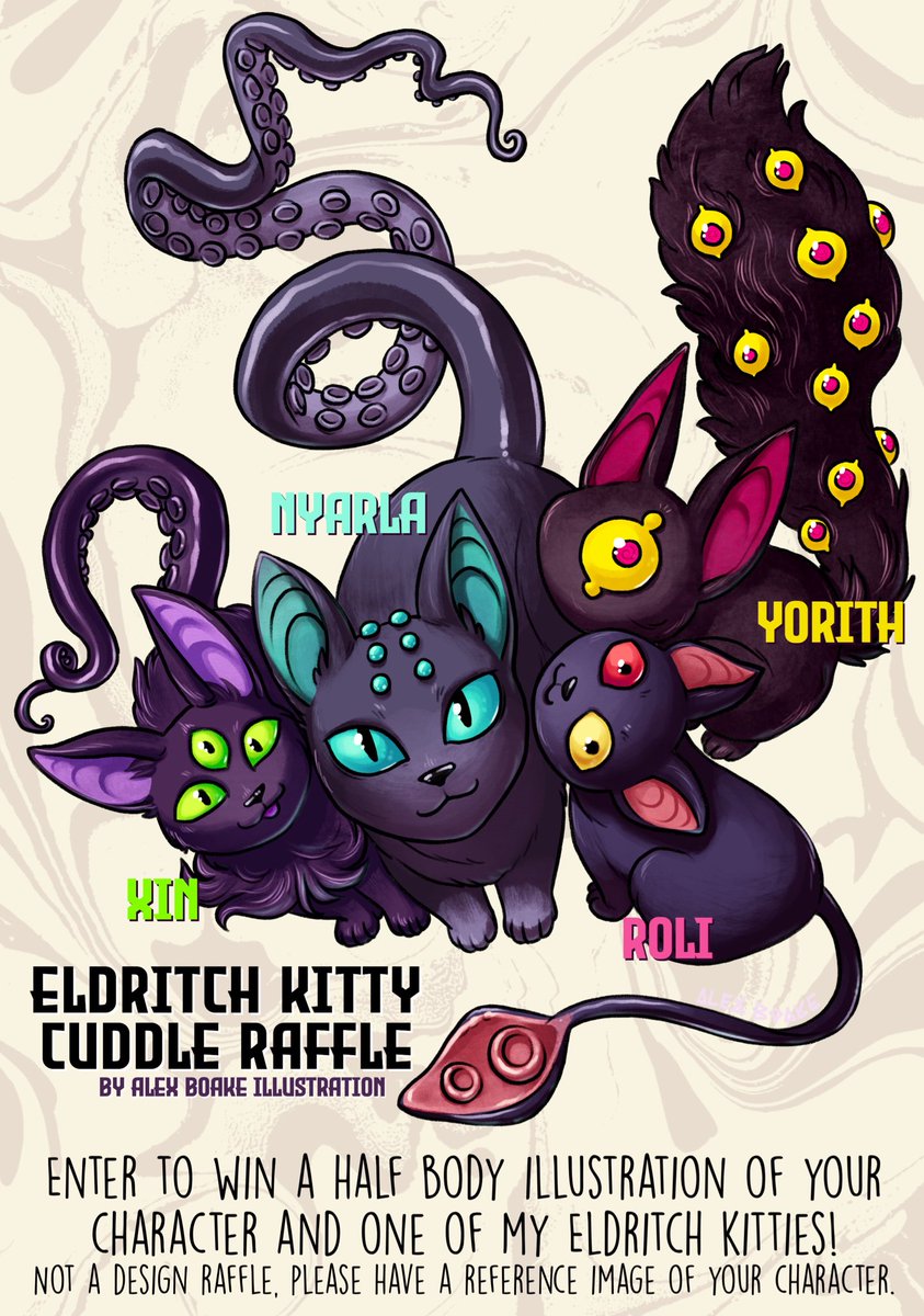 alexboakeillo's tweet photo. Welcome kitty fans! Enter for a chance to win one (1) half body illustration of your OC and one of my Eldritch Kitties! 

🤍like and RT this tweet
🤍follow @alexboakeillo
🤍comment with your fave Eldritch Kitty

References required if you win. 
Ends February 1st! Good luck! 🐈‍⬛✨ https://t.co/tbICSP3Bkt