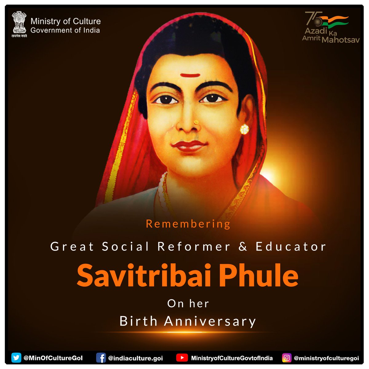 MinOfCultureGoI's tweet image. Remembering #SavitribaiPhule on her Birth Anniversary, the first female teacher in India who worked tirelessly and dedicated her life towards women empowerment through education and abolishing gender &amp;amp; caste-based discrimination. #AmritMahotsav